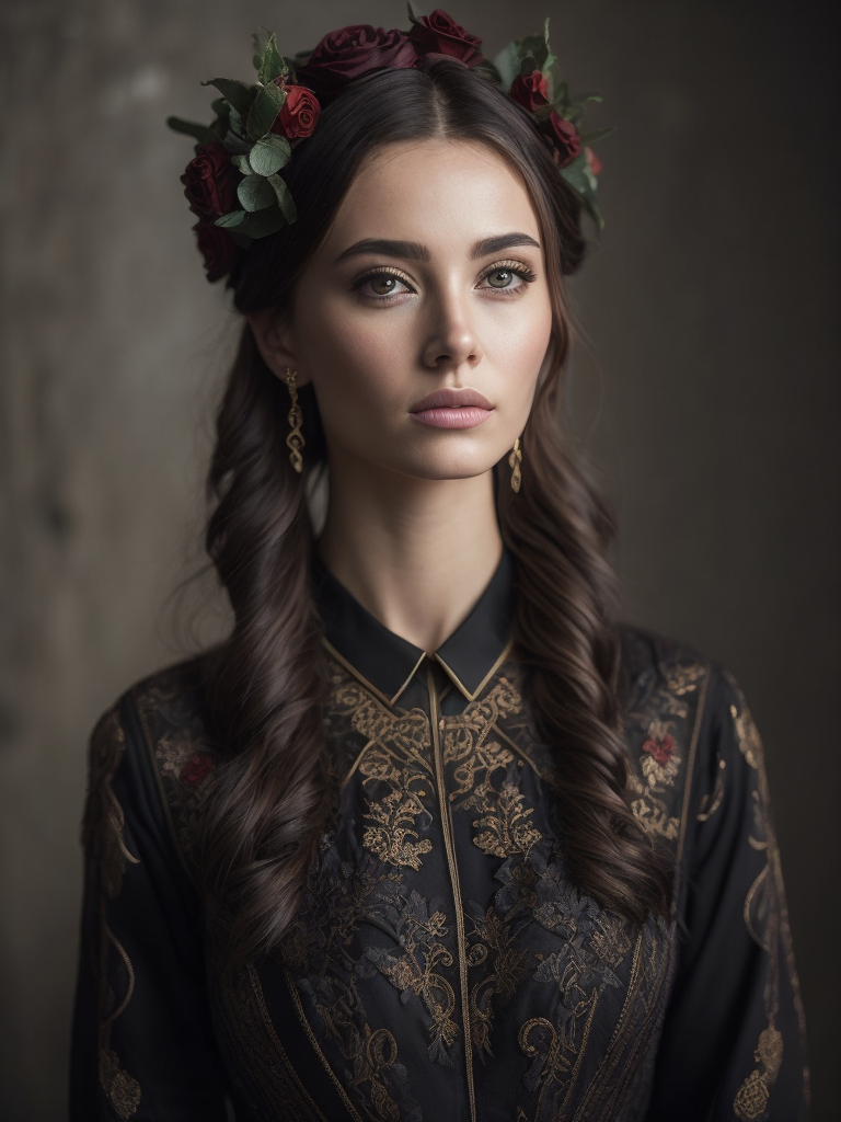 Portrait of a Beautiful women from Russian fairytale wearing traditional costume everything around black roses, deep atmosphere