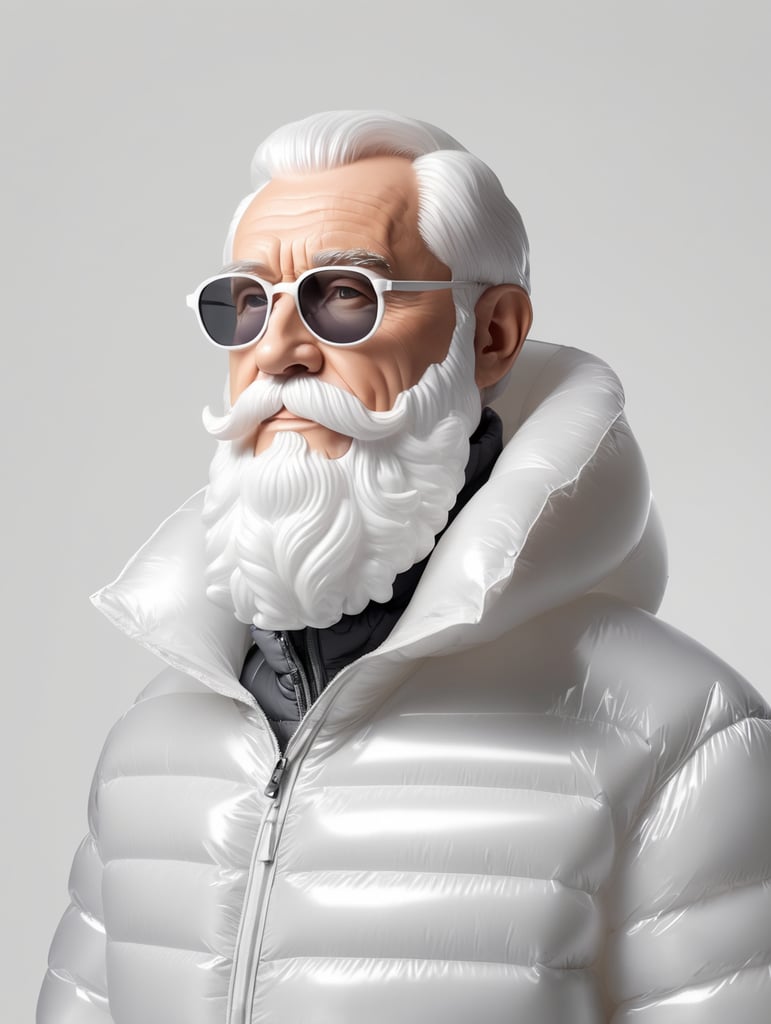 Inflatable white minimalist old man with beard puffer jacket, transparent, isolated, grey background, mockup