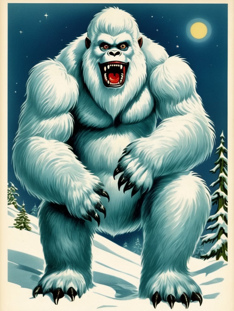 Yeti, Abominable Snowman, vintage Christmas postcard illustration