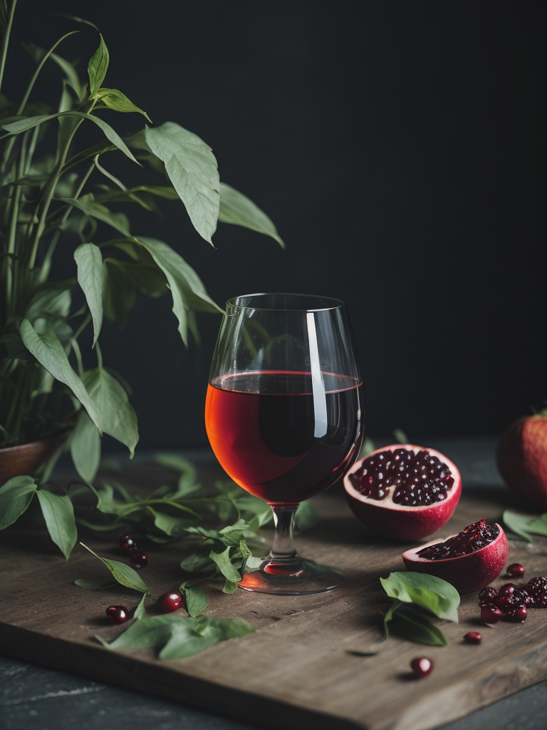 a glass of homemade pomegranate juices, green leaves and pomegranate on the table, deep colors, dark atmosphere
