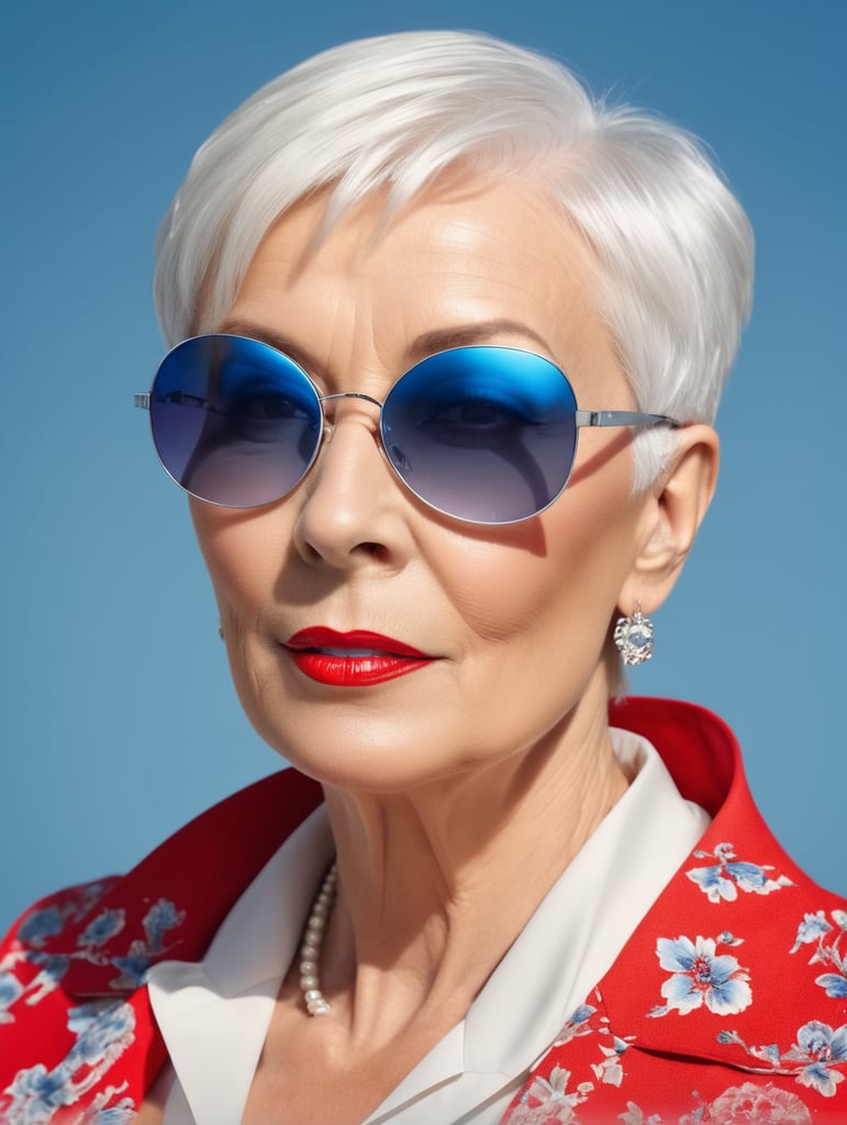 A portrait of a beautiful English older woman with white platinum short hair and big sunglasses, dressed all red, blue background, big cleavage, glamorous London portrait, highly realistic, women designer, very fashionable, colourful