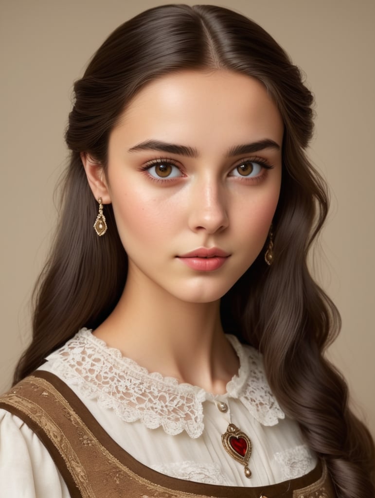 Twenty year old Georgian England era pretty girl with beautiful dark eyes and small heart shaped face, high cheekbones, highly detailed, saturated, high definition. Brown hair, fair skin
