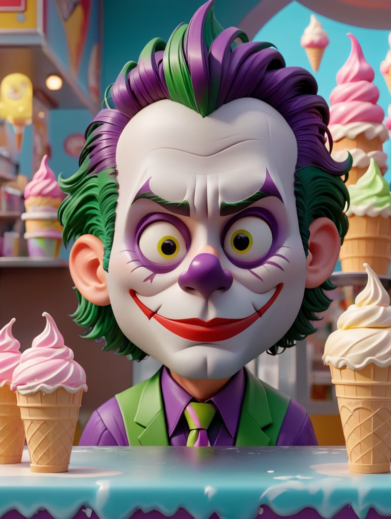 A portrait of the joker looking sad in an ice cream shop, in the style of a cartoon, bright and saturated colors, depth of field