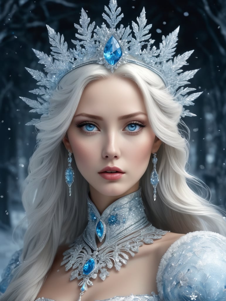 Michael Cheval style illustration in disney cartoon style film frozen 2013 Ice Queen with long flowing silver hair and piercing blue eyes, stylized character 3d, pretty, She is tall, slender noble, light blue crown made of glowy ice shards, dress made of snowflakes, trending on artstation, young, cute, contempt, annoyed expression, Dark psychology, Narcissism, Egotism, lack of empathy, Machiavellianism, deceive, exploit, selfishness, remorselessness, sharp features, Januz Miralles, Hikari Shimoda, 4k, highly shoot by high-end camera, extremely detail, bold composition, rich and saturated color palette, dynamic dark lines in a cel-shading style