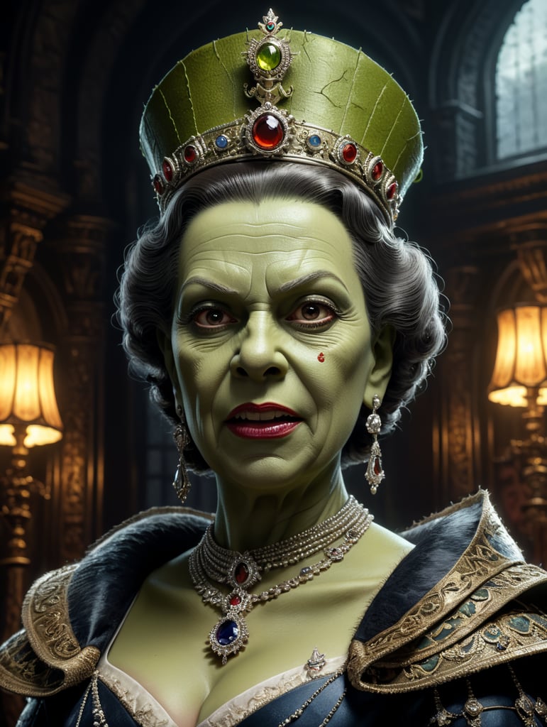 Queen Elizabeth II dressed as frankenstein in cartoon format