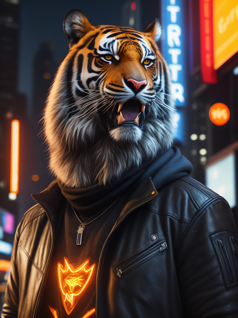 tiger leather jacket stands street front neon sign that says i am tiger