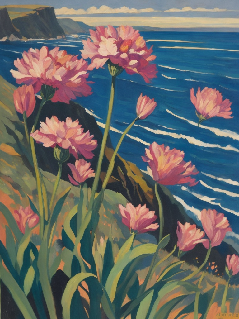 A painting by Andre Lhote. A painting of striking sea pinks, or thrift, along the coastal cliffs of Orkney combines Cubist and Fauvist styles to showcase the captivating beauty of these resilient flowers. The composition utilizes bold shapes and a palette of vivid pinks, blues, and greens, highlighting the contrast between the delicate blossoms and the dramatic, windswept landscape.
