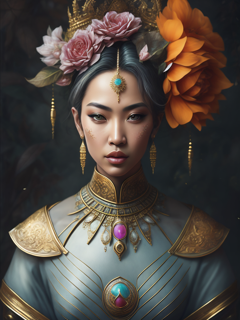 Ethereal portrait of Buddah female in pastels and gold with pink flowers and butterflies, high definition, photography, cinematic, detailed character portrait, detailed and intricate environment, breeze, dream