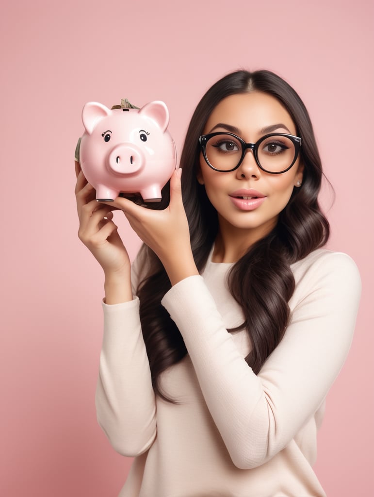 4k high resloution hd image, Image of rich woman 20s with long dark hair posing in girlish glasses and holding piggy bank with money isolated over white background