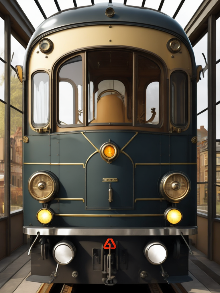 a flat nose train locomotive on wheels, art deco, art nouveau, streamline, front window, steampunk, tall
