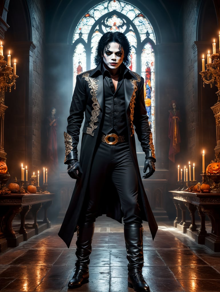 Genereer een verbluffend realistische afbeelding waarop Michael Jackson is verkleed in een angstaanjagend Halloween-kostuum en een meesterlijk optreden geeft in een mysterieuze, donkere kerk. Zorg ervoor dat de atmosfeer van de kerk angstaanjagend en spookachtig is, met onheilspellende verlichting, schaduwen en decoraties die de Halloween-sfeer versterken. De afbeelding moet van zodanig hoge kwaliteit zijn dat het moeilijk is om te geloven dat het niet echt is