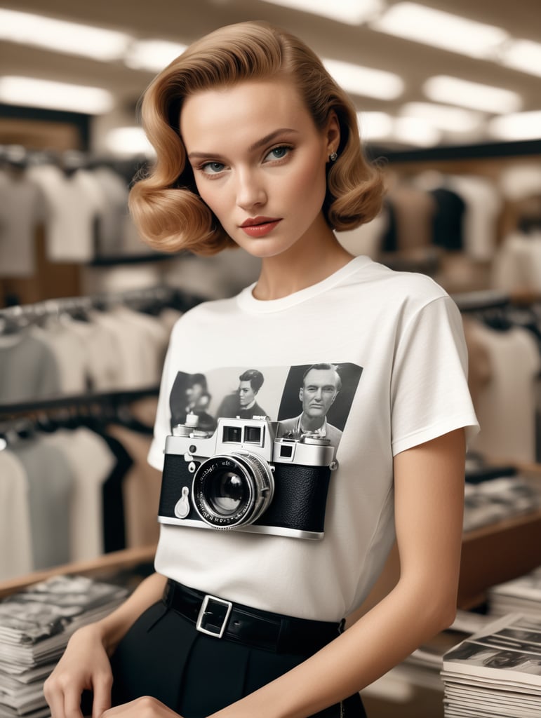 Extremely detailed photographic image, grained image, beautifully composed, monochrome image, 50's fashionable image, fashionable magazine photography, leica summicron 35mm f2.0, kodak 400tx, fashion photography, fashionable model, william s. burroughs, Woman wearing blank white T-Shirt in Clothing Store Mockup, mock up
