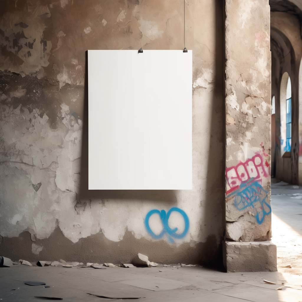 a white blank poster hangs on an old shabby wall with graffiti, the corner of the poster is bent, people are blurred, daylight, mockup, mock up