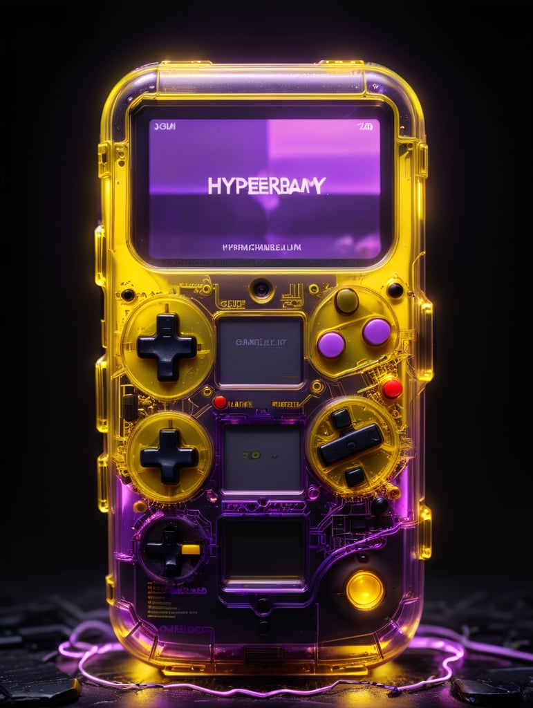 3d render retro tiny cute yellow game boy translucent plastic case, neon light, purple background