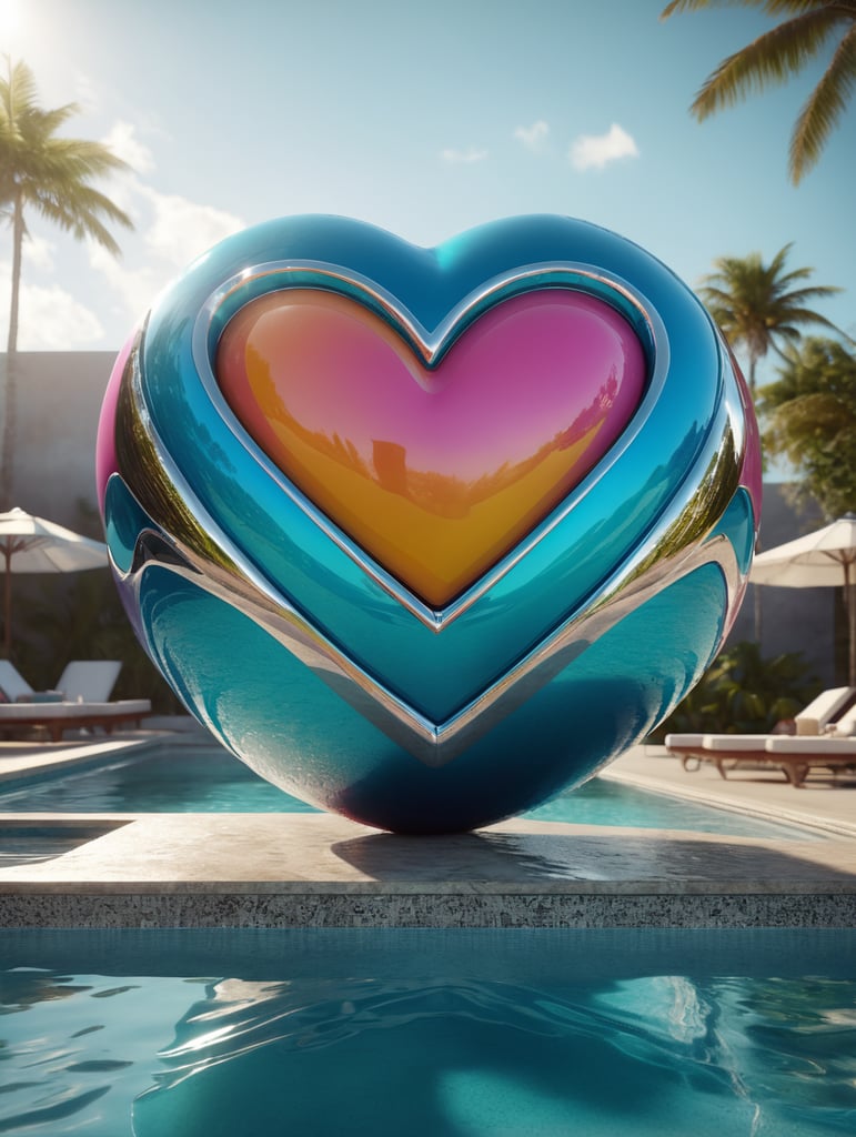 hyper realistic pool float in shape of chrome heart powerpuff logo, miami beach, unreal engine, octane render, cinematic lighting, highly detailed miami beach, y2k, bright colors, hyperrealistic, low angle, 16k, 8K UHD, 8K texture, cinematic, rim lighting, neon palette, color theory, dramatic, volumetric lighting, 35 mm, in focus, unreal engine, highly detailed, octane render, ultra high resolution