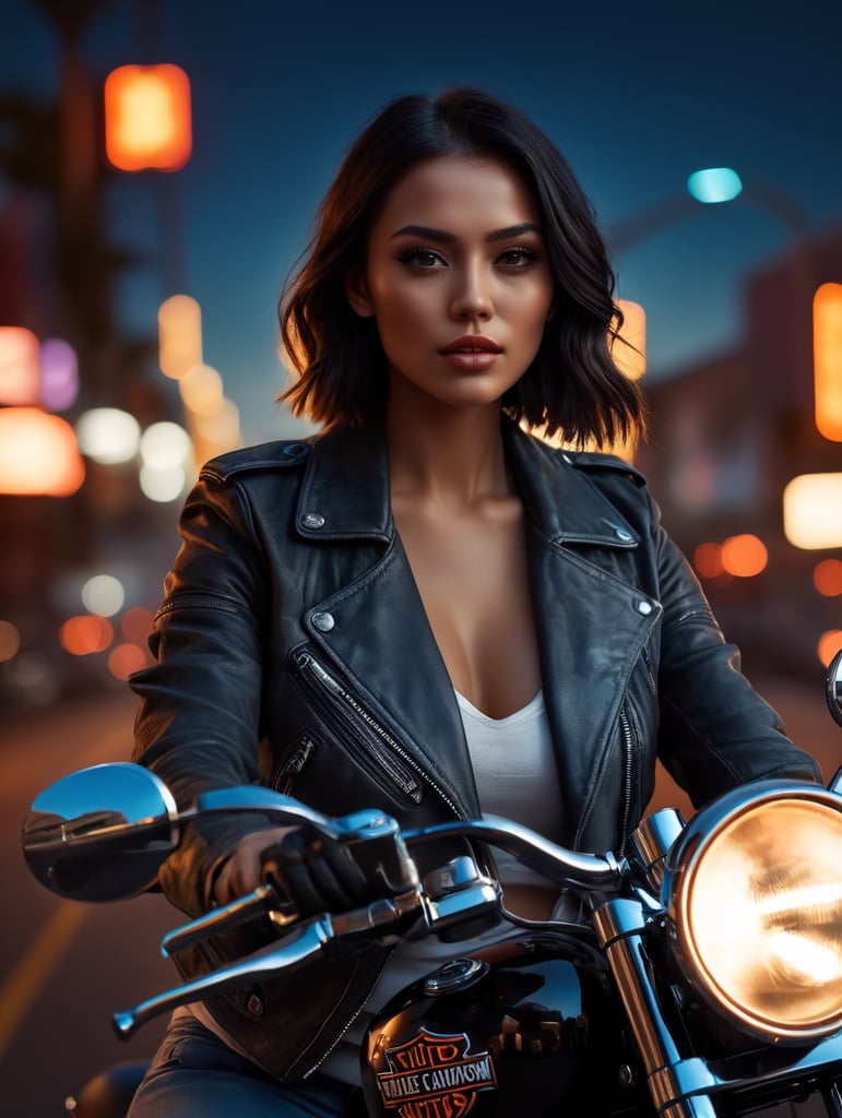 Beautiful girl on Harley Davidson motorcycle, road 66, leather jacket, photorealistic, detailed image, night, USA, neon lights, bright colors, starry sky, detailed face