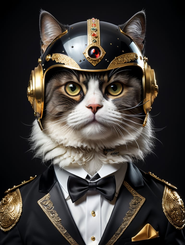 persian cat wearing a tuxedo and daft punk style helmet