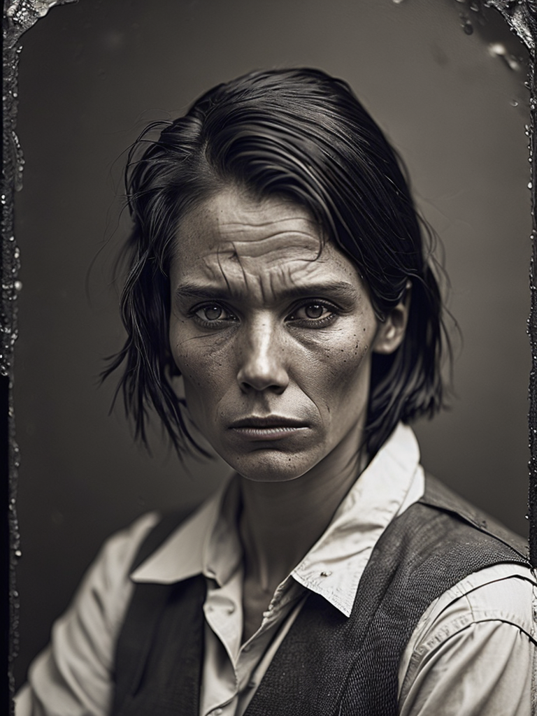 a wet plate photograph of a blind farmer with dark bob haircut, neutral emotions on her face