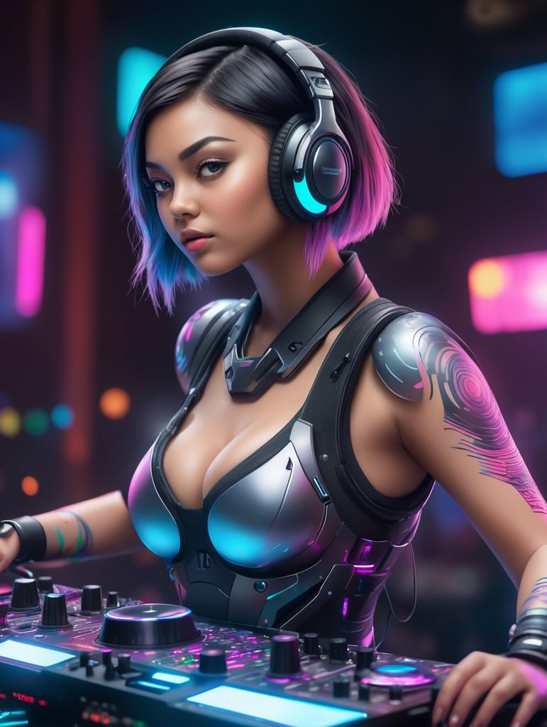 Ultra detailed illustration of Close-up of a young DJ on her console, cyberpunk,(((body curvy:1.5))) paint master, 8k resolution concept, artintricately detailed, volumetric lighting