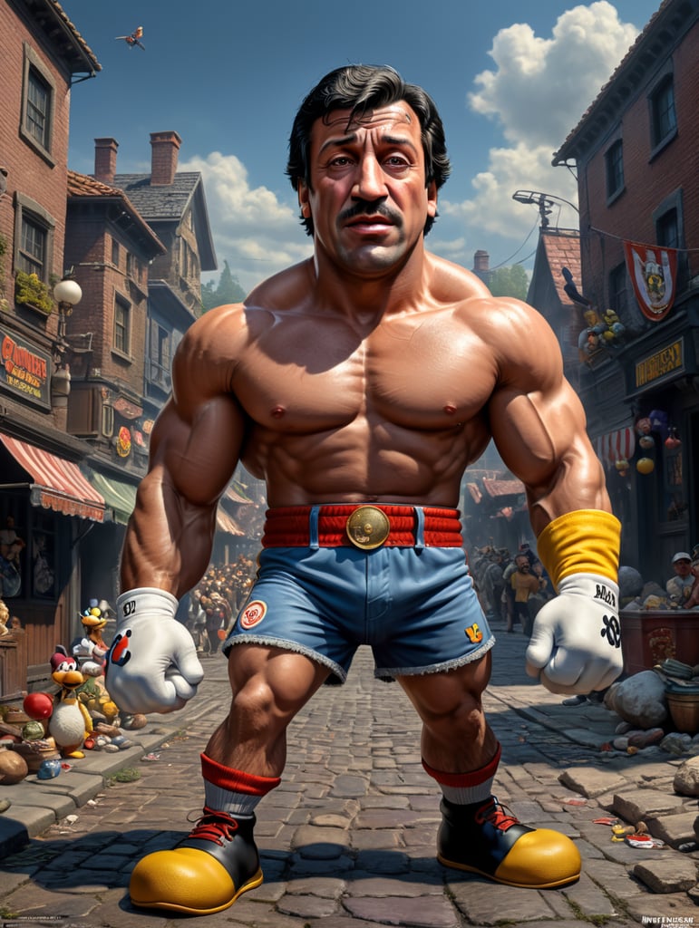 Rocky Balboa as A cartoon character, such as Mickey Mouse, Bugs Bunny, or Homer Simpson.