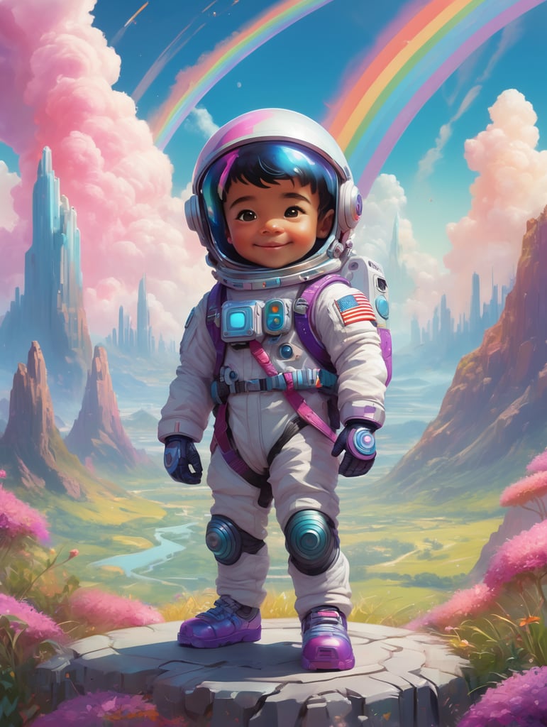 Highly detailed portrait of a cute little astronaut. he has a bright and cheerful color scheme, featuring a mix of pastel blues, pinks, and purples, standing with his arms folded holding a toy sword, surrounded by a swirl of energy. the background is a colorful cartoon landscape, with fluffy clouds and a rainbow. the background is a stark, metallic landscape, with a futuristic cityscape visible in the distance. by atey ghailan, by eduard hopper, by greg tocchini, by james gilleard, grunge aesthetic graffiti