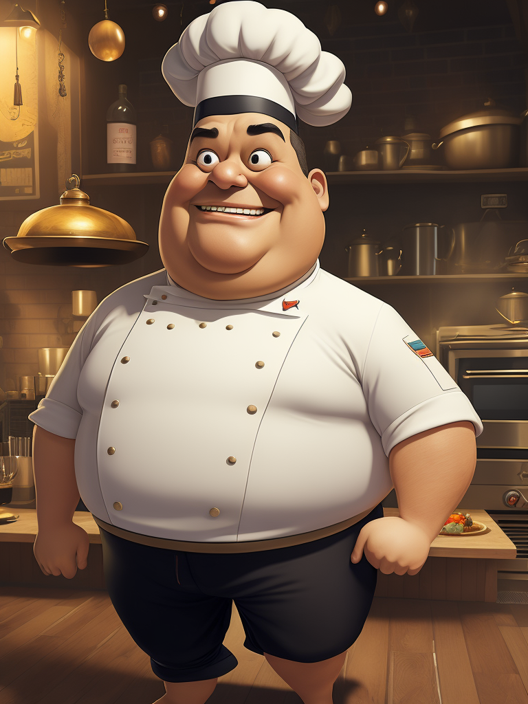 fat chef cartoon wearing shorts and smiling