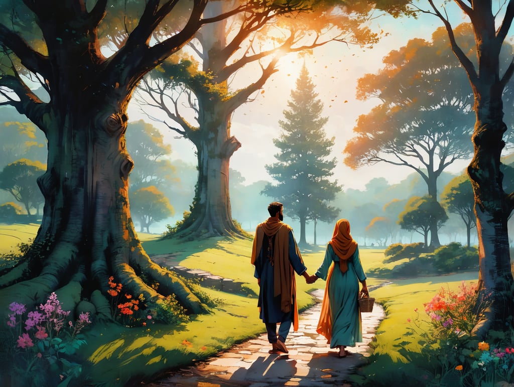 In a serene, sunlit garden, muslim couple stand beneath a towering oak tree. They face each other, holding hands, their eyes filled with deep affection. Around them, vibrant flowers and lush greenery symbolize growth and life. On the ground, an open Bible rests, its pages gently rustling in the breeze. This one frame scene encapsulates a love story rooted in faith, where love and spirituality intertwine, giving strength and depth to their connection.