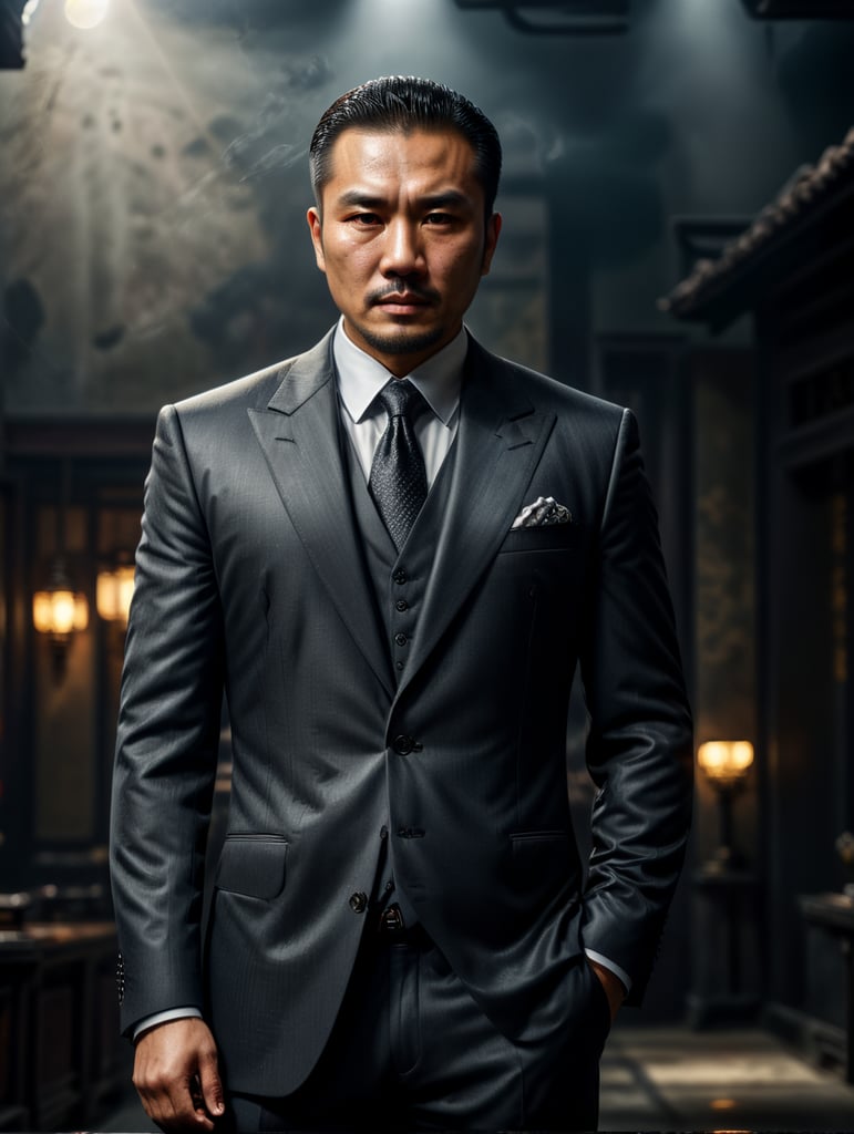 Portrait of a Chinese mafia boss in formal suit