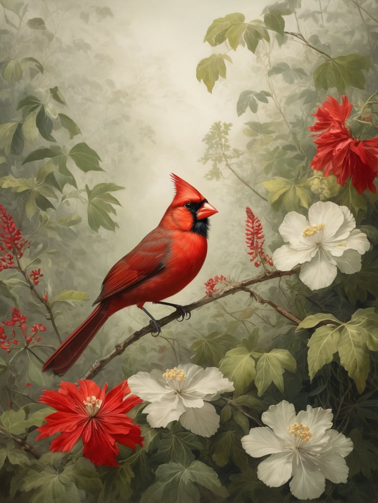 An Edwardian botanical oil painting, illustration of a red cardinal bird on a branch surrounded by flora and fauna