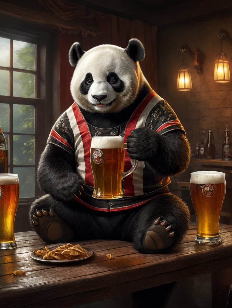 panda bear wearing redblack striped shirt and black pants enjoying beer glass octoberfest