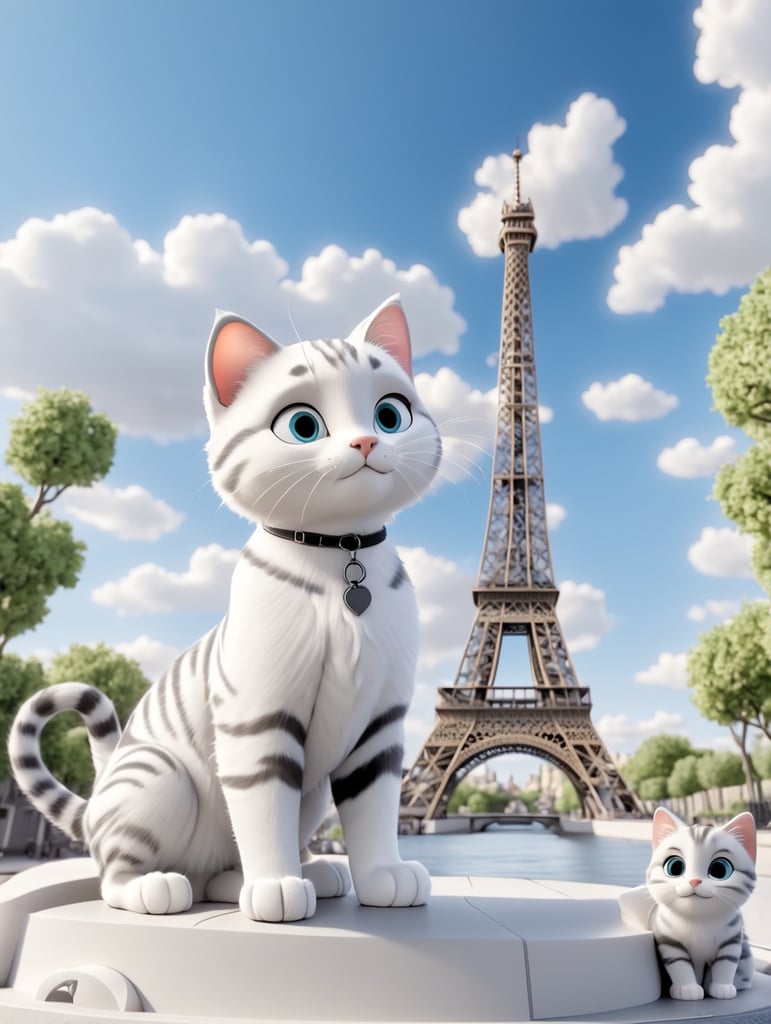 create black and white line art for a coloring book of a cat living in Paris view Eiffel Tower