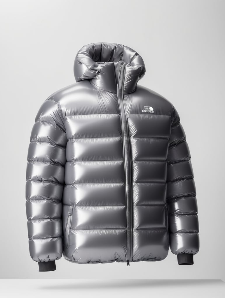 Inflatable chrome minimalist man's puffer jacket, transparent, isolated, grey background, mockup