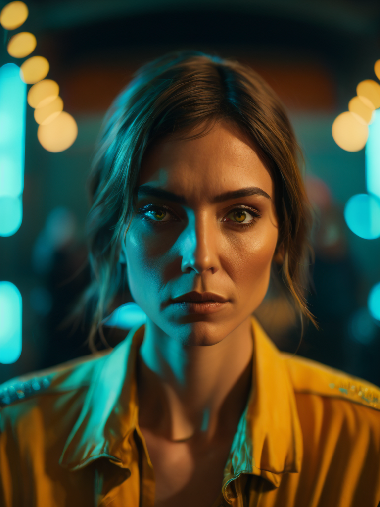 a women looks on the camera, yellow side lighting, focused gaze, canon 50 lens, focus on the face everything else is in blur, the blade runner scene.