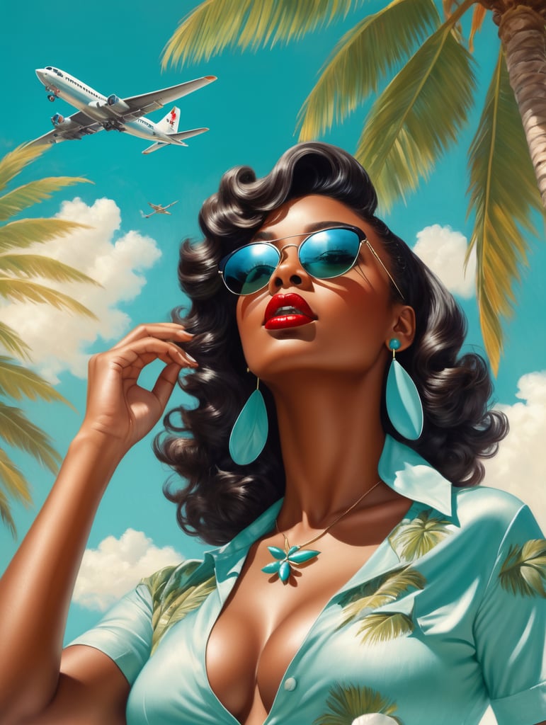 Pin up art, portrait, a black woman raised her head up, looks at the sky, sunglasses, one airplane flies in a clear sky and leaves a mark, summer, palms around, palms reflected on a sunglasses, turquoise shades, style by Gil Elvgren