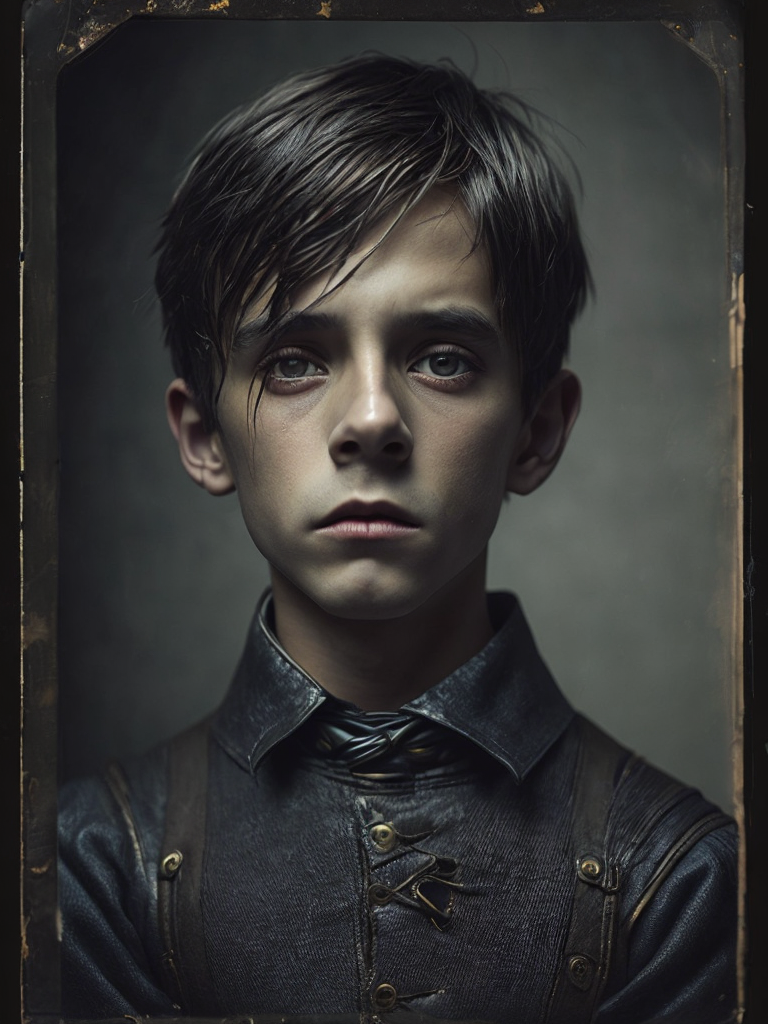 a wet plate photograph of a scary Pinocchio with dark bob haircut, neutral emotions on his face