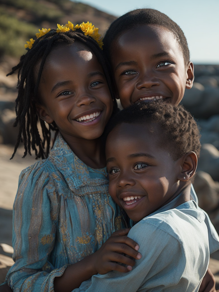 Imagem de duas ou mais crianças, uma ou mais crianças negras e algumas outras crianças brancas, todas elas sorrindo, em estado emocional de alegria, festejando a vida em um dia iluminado com a luz natural, em uma praia paradisiaca a luz do dia. Estão vestidas com roupas coloridas, festejando a amizade.