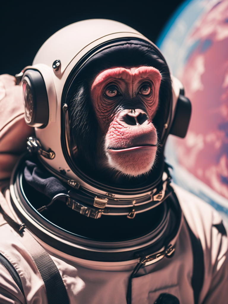 A chimpanzee going to space, wearing pink color astronaut suit, Vivid saturated colors, Contrast light, studio photo, professional photo, Detailed image, detailed face