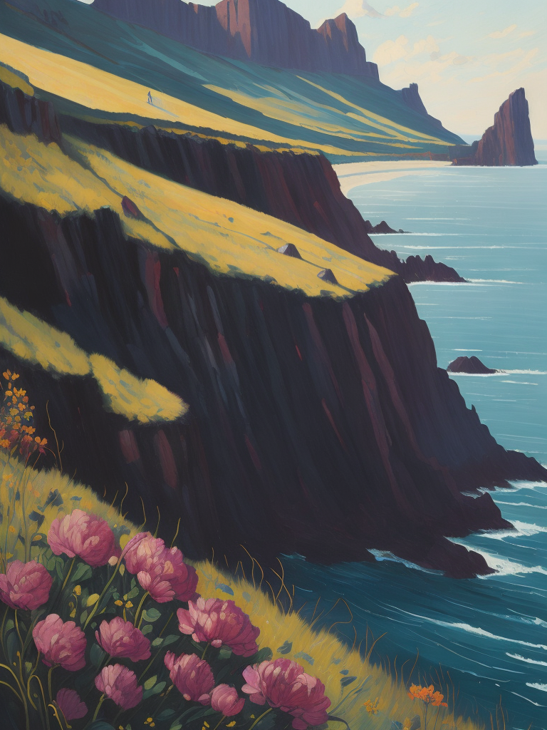 A painting by Andre Lhote. A painting of striking sea pinks, or thrift, along the coastal cliffs of Orkney combines Cubist and Fauvist styles to showcase the captivating beauty of these resilient flowers. The composition utilizes bold shapes and a palette of vivid pinks, blues, and greens, highlighting the contrast between the delicate blossoms and the dramatic, windswept landscape.