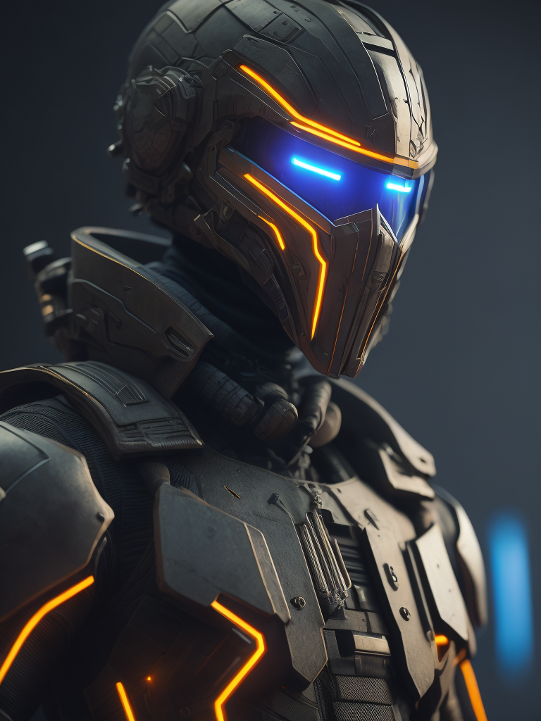 Ultra-detailed soldier from counter strike game in a base, with anthropomorphic cybernetic skeleton elements on metal armor, neon lights reflections, reflection mapping, intricate design and details, dramatic lighting, hyperrealism, photorealistic, cinematic, 8k --ar 9:16 --v 5