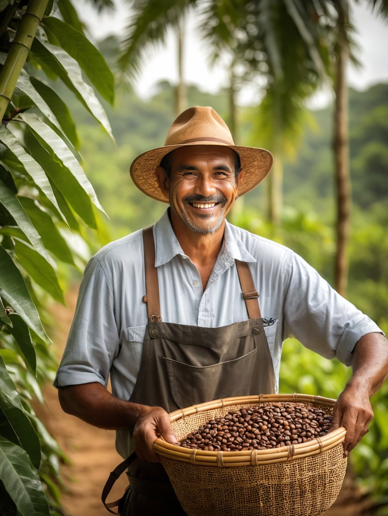 smiling brazilian coffee farmer holding coffee beans in bamboo basket, coffee lover, farm life, coffee harvesting, coffee beans, coffee plantation, fresh harvest, coffee production, handmade coffee, enjoying coffee,