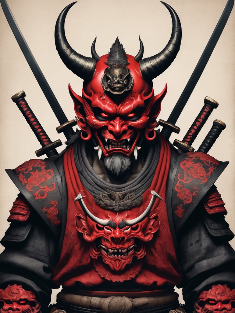 illustration of a demon with two swords and a skull, demon samurai mask, oni mask, villain wearing a red oni mask, samurai mask, samurai with demon mask, demon samurai, demon samurai warrior, oni horns, inspired by Ryūkōsai Jokei, japanese art style, inspired by Kawanabe Kyōsai, Mysterious