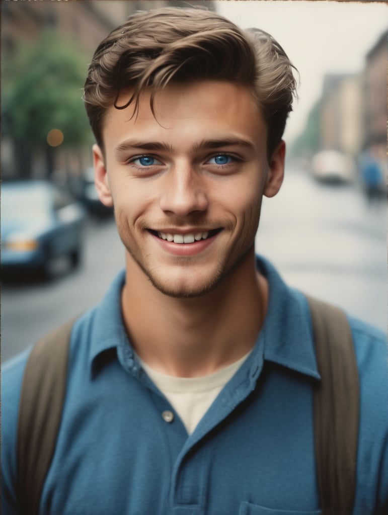 Portrait of a smiling young man, twenty years old with brown hair and blue eyes, looking past us, childish, moody atmosphere by Saul Leiter