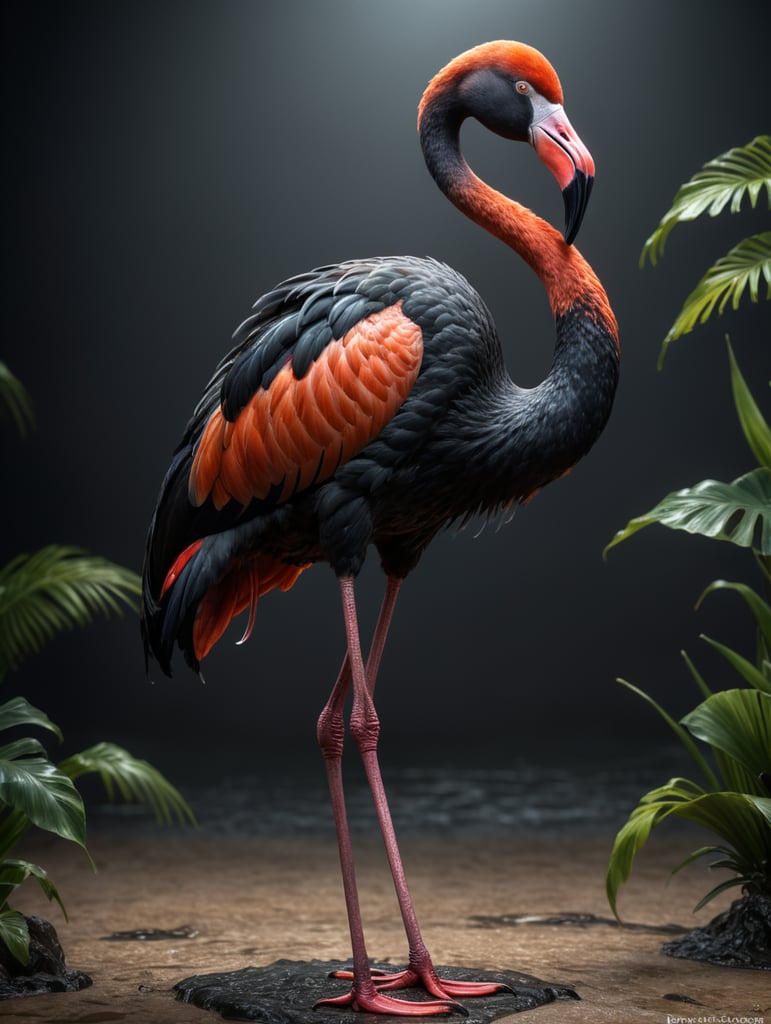 standing on (((one bent leg))), one black flamingo