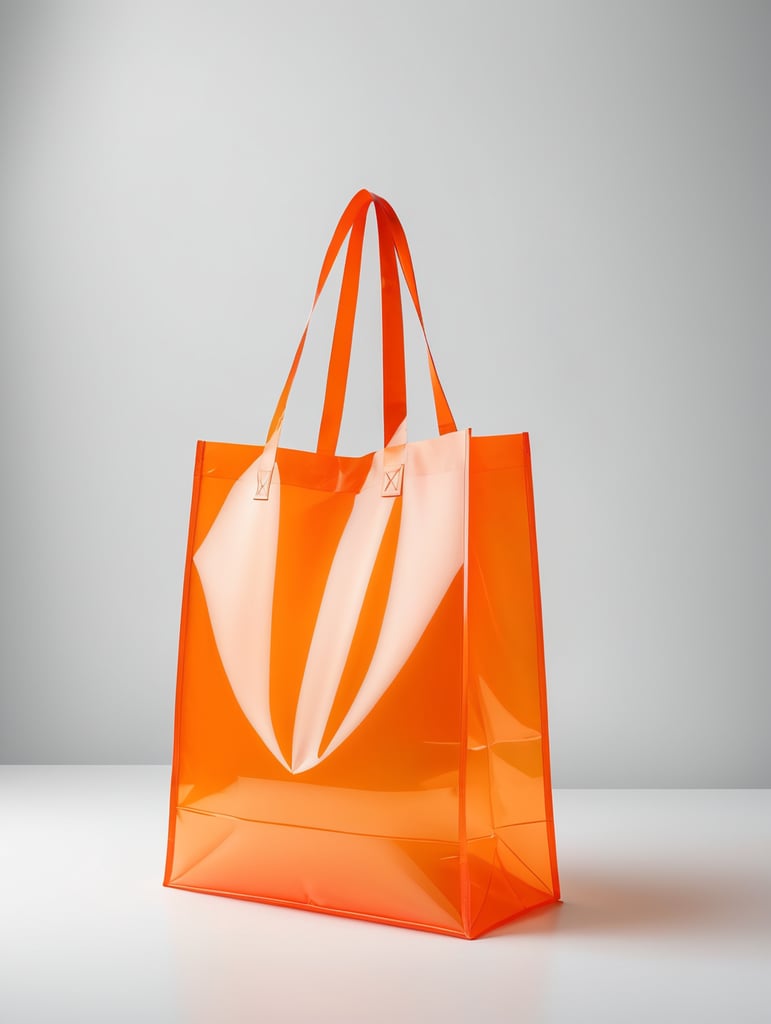 Inflatable vibrant orange minimalist shopping bag, transparent, isolated, grey background, mockup