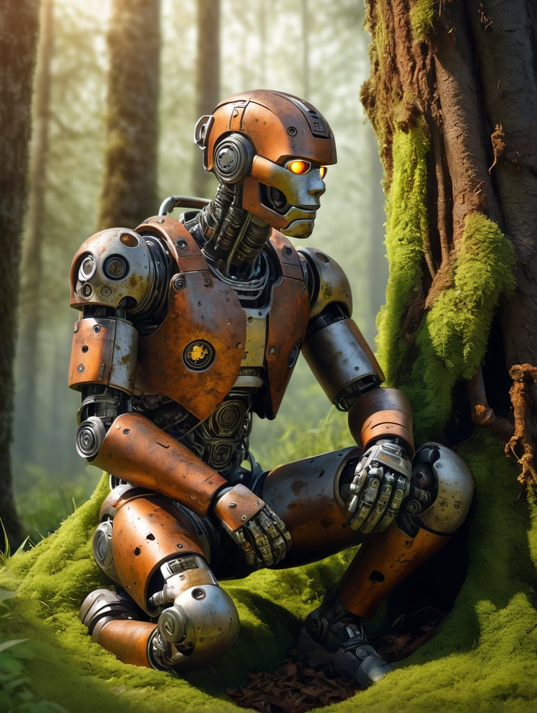 Ultra detailed illustration of a rusty cyborg sitting at the base of a tree being covered by mold grass moss and dirt, full metallic cyborg body, only human face, strong backlit, ultra realistic, in a forest, surprised, dirty, broken, whimsical, art by Mschiffer (keep realistic proportions to the whole scenery)