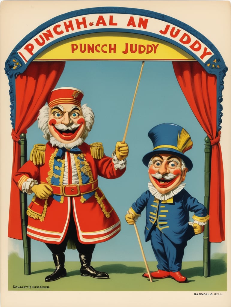 Illustration of a Punch and Judy puppets in the style of Donald Fraser Gould McGill and a Bamforth postcard
