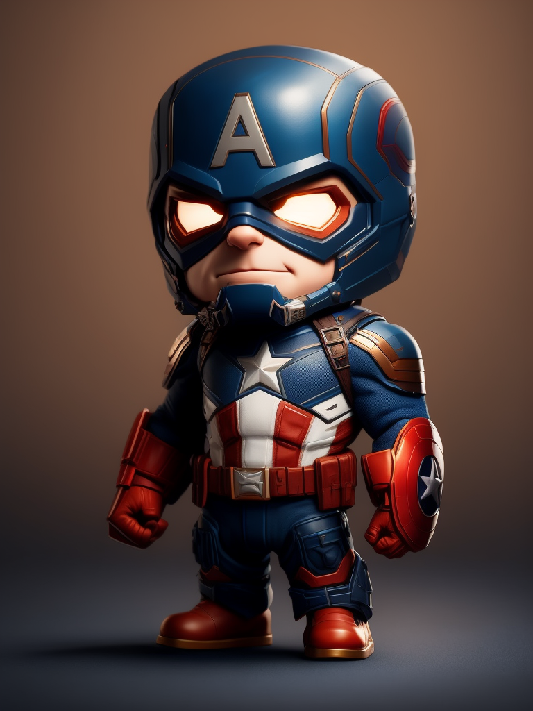 Hyperrealistic Captain America in Chibi Art style. Cute, Isometric view, 4k, Colourful, Cinematic, zoomed out, full body shot, big head, Neutral Neon Background.