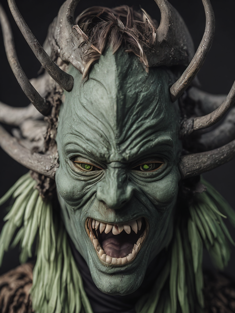wooden green japanese demon mask, black background, aggressive, Depth of field, Incredibly high detail