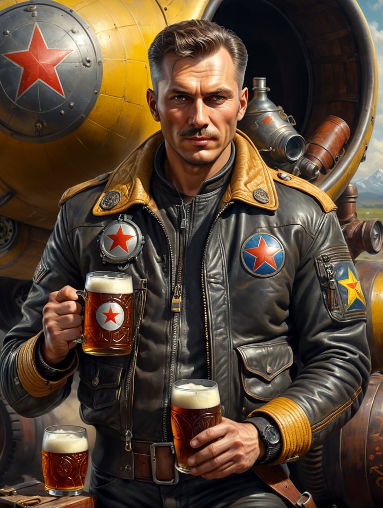 A Soviet male pilot dressed in a flying bomber leather jacket holds a mug of kvass in his hands, in the background a Soviet yellow barrel on wheels with kvass can be seen