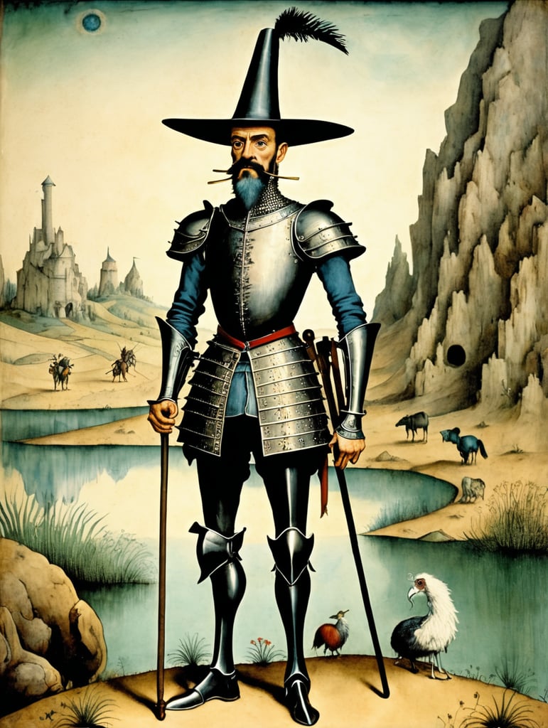 Terence mckenna in the form of don quixote standing and looking far in voynich manuscript by hieronymus bosch
